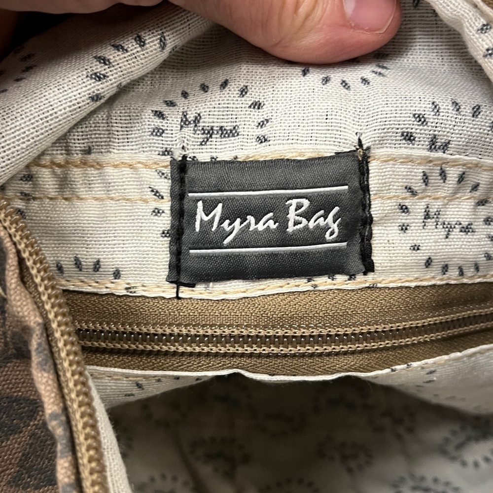 Myra Bag S-1305 Crossbody Leaf Print Canvas Bag w/ Leather Trim & Gold Bike Pin - Picture 10 of 16